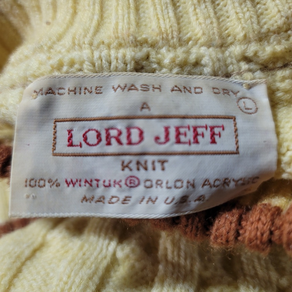 Vintage Lord Jeff Mens Large Mock Neck Cable Knit Fair Isle Sweater Cream Brown - Picture 4 of 7